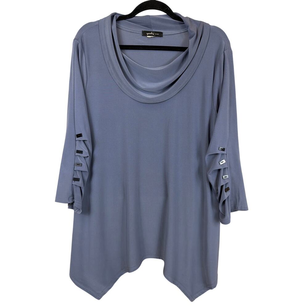 Yushi Blue Cowl Neck 3/4  Sleeve Decorative Button Flowy Top Size LARGE USA